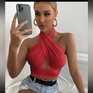 Red Solid Cross Crop Halter Top